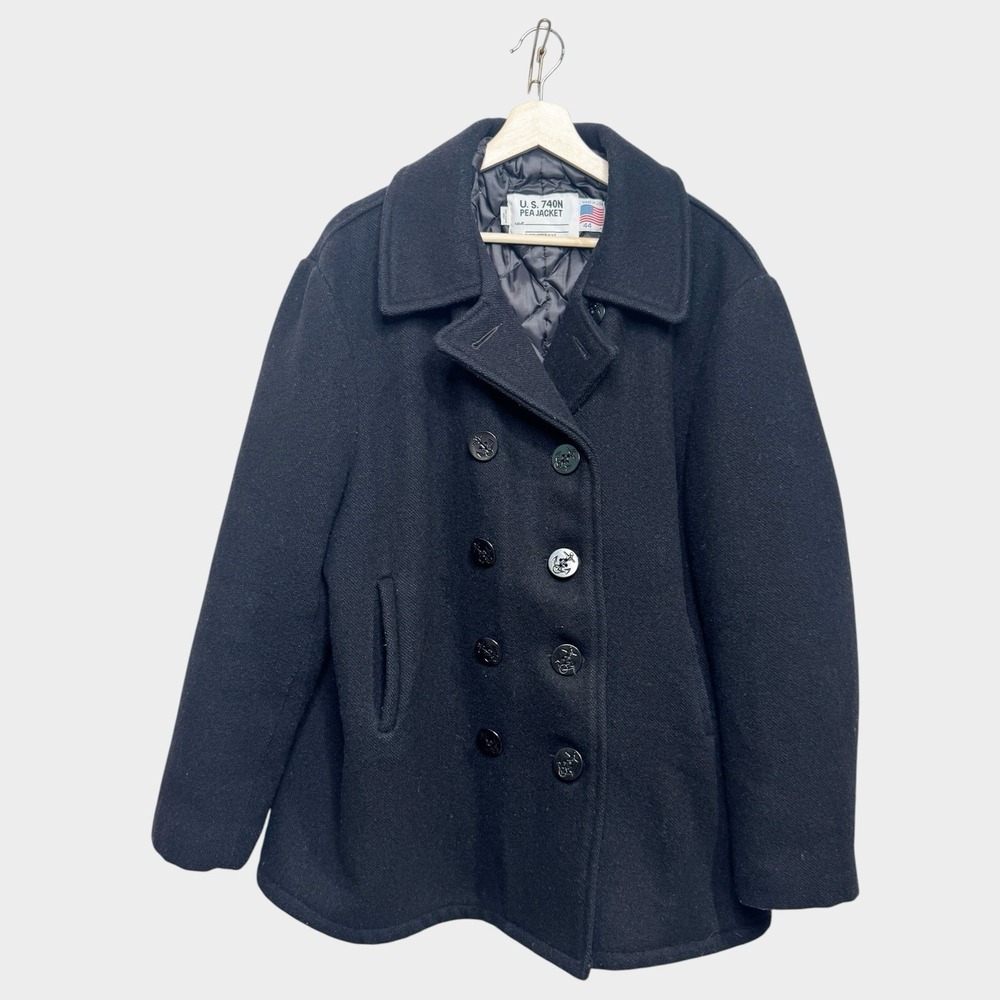 Schott NYC U.S. 740N Wool Pea Jacket Coat Mens Size 44 Blue Black USA Naval